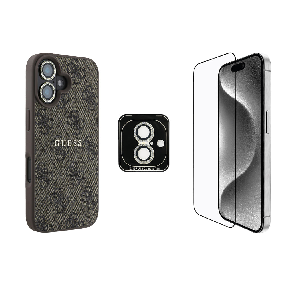 iPhone 16 Plus Guess Orijinal Lisanslı Kılıf + Ekran Koruyucu + Lens Koruyucu 3in1 Aksesuar Seti