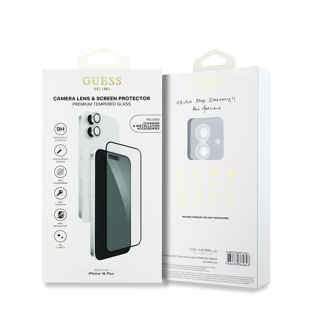 iPhone 16 Plus Guess Orijinal Lisanslı Rhinestone Ekran Koruyucu + Lens Koruyucu 2in1 Aksesuar Seti
