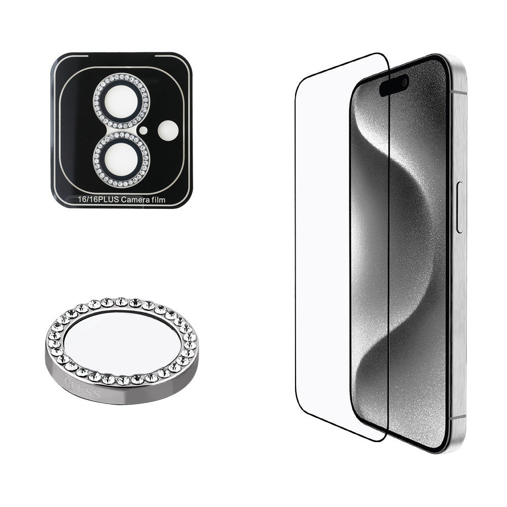 iPhone 16 Plus Guess Orijinal Lisanslı Rhinestone Ekran Koruyucu + Lens Koruyucu 2in1 Aksesuar Seti