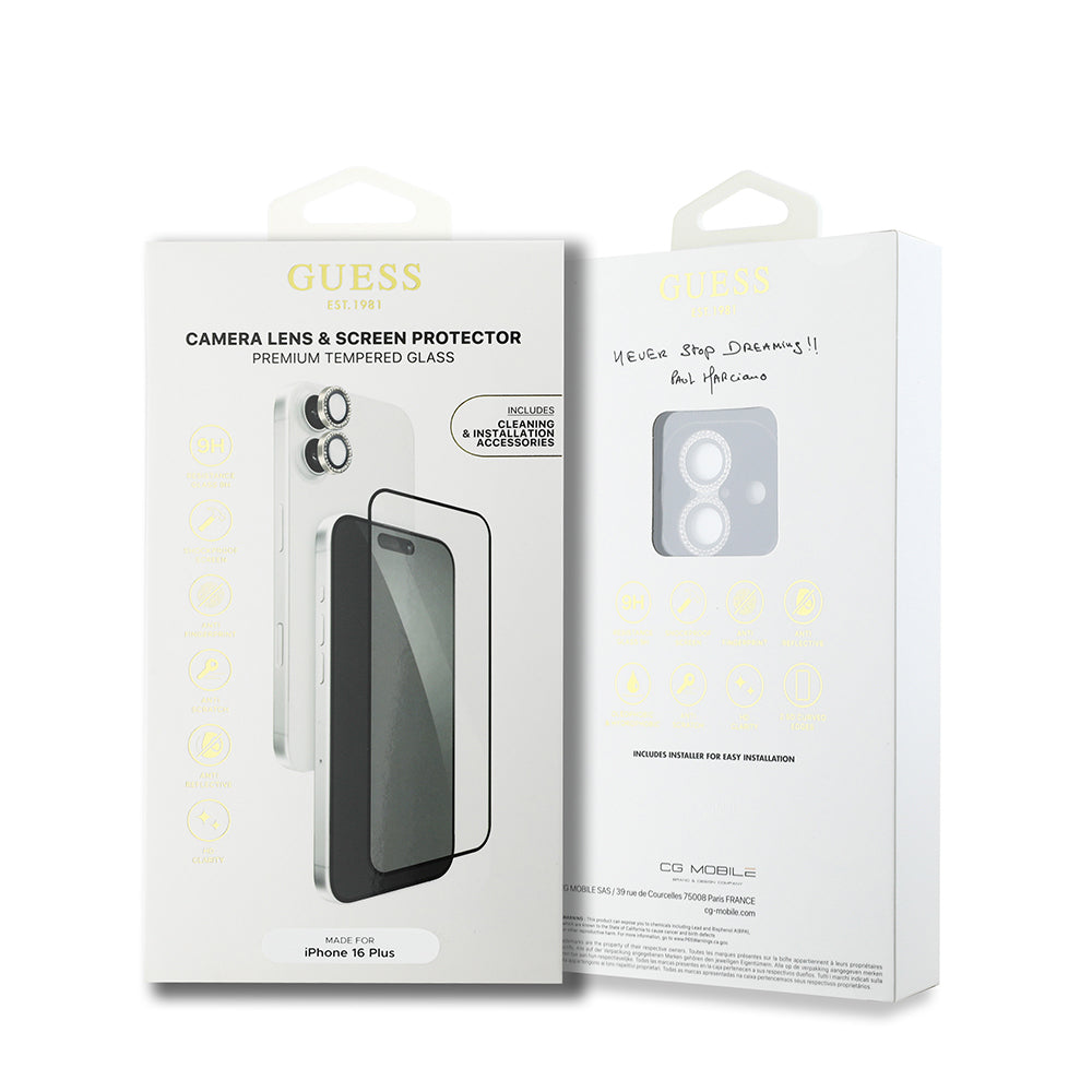 iPhone 16 Plus Guess Orijinal Lisanslı Rhinestone Ekran Koruyucu + Lens Koruyucu 2in1 Aksesuar Seti