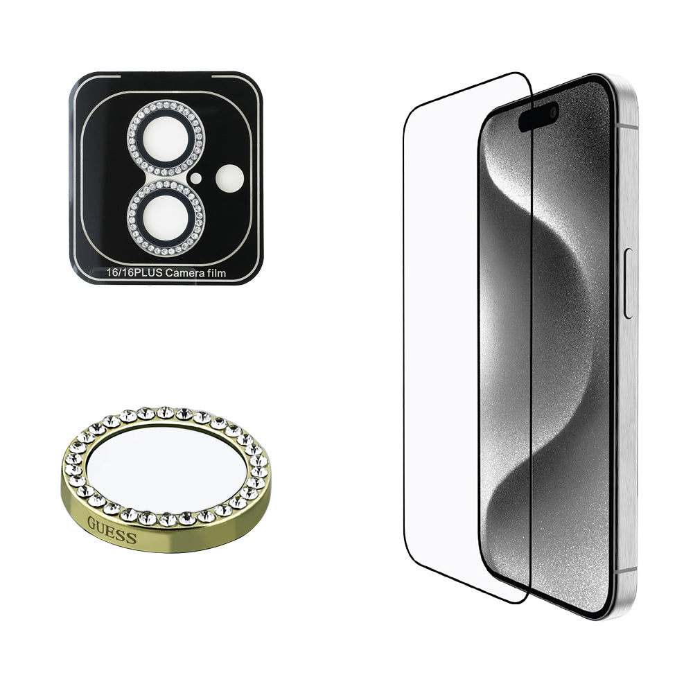 iPhone 16 Plus Guess Orijinal Lisanslı Rhinestone Ekran Koruyucu + Lens Koruyucu 2in1 Aksesuar Seti