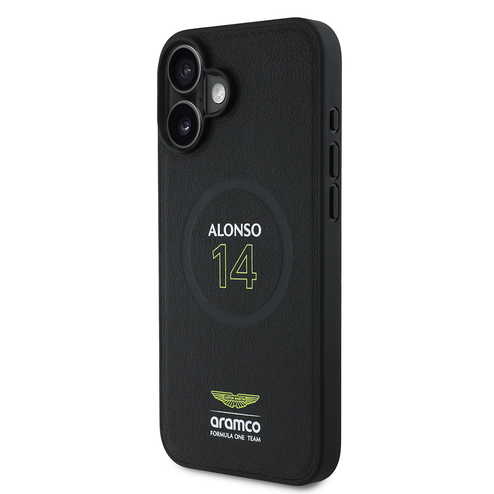 iPhone 16 Plus Kılıf Aston Martin Orijinal Lisanslı M-safe Şarj Özellikli PU Deri Alonso 14 Baskılı Kılıf