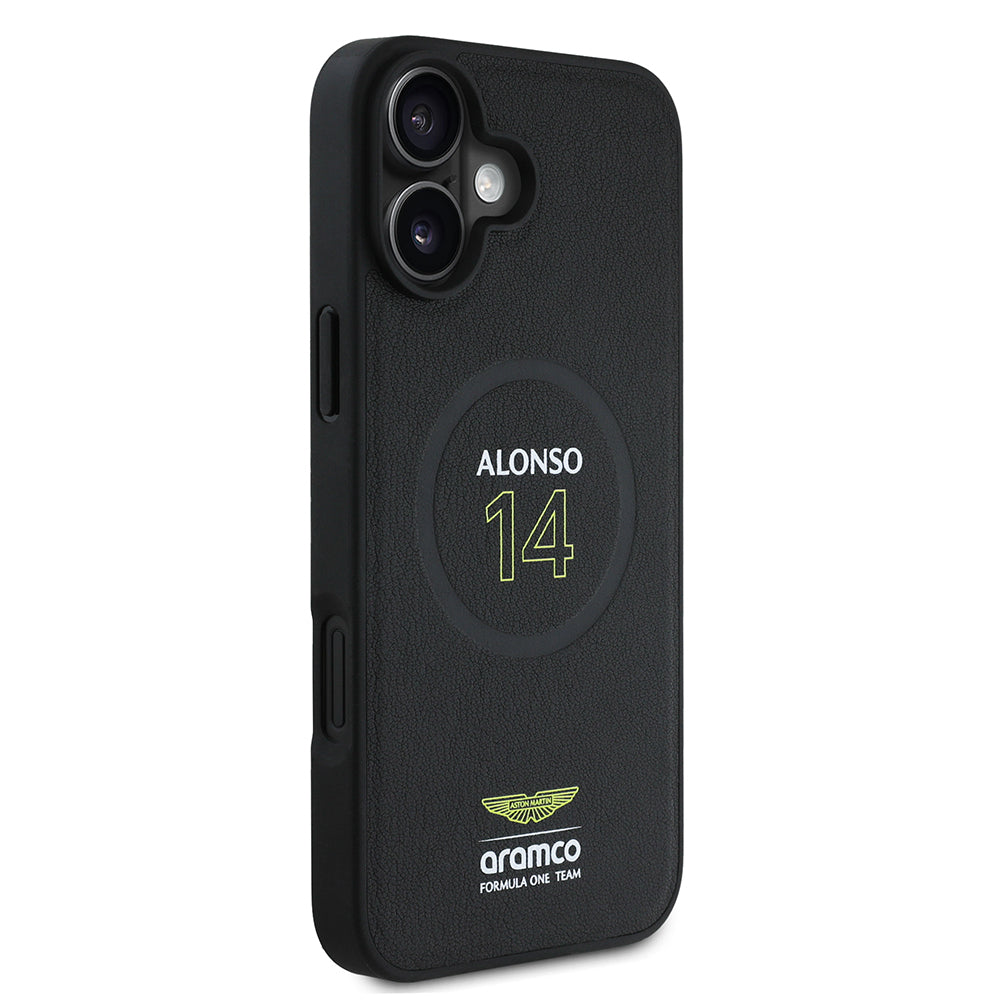 iPhone 16 Plus Kılıf Aston Martin Orijinal Lisanslı M-safe Şarj Özellikli PU Deri Alonso 14 Baskılı Kılıf