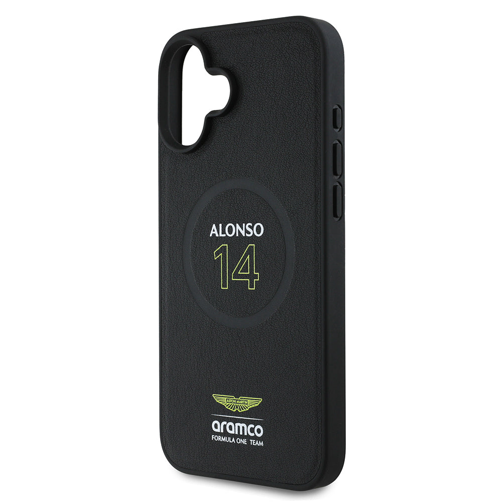 iPhone 16 Plus Kılıf Aston Martin Orijinal Lisanslı M-safe Şarj Özellikli PU Deri Alonso 14 Baskılı Kılıf