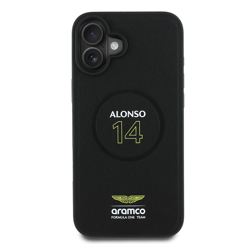 iPhone 16 Plus Kılıf Aston Martin Orijinal Lisanslı M-safe Şarj Özellikli PU Deri Alonso 14 Baskılı Kılıf