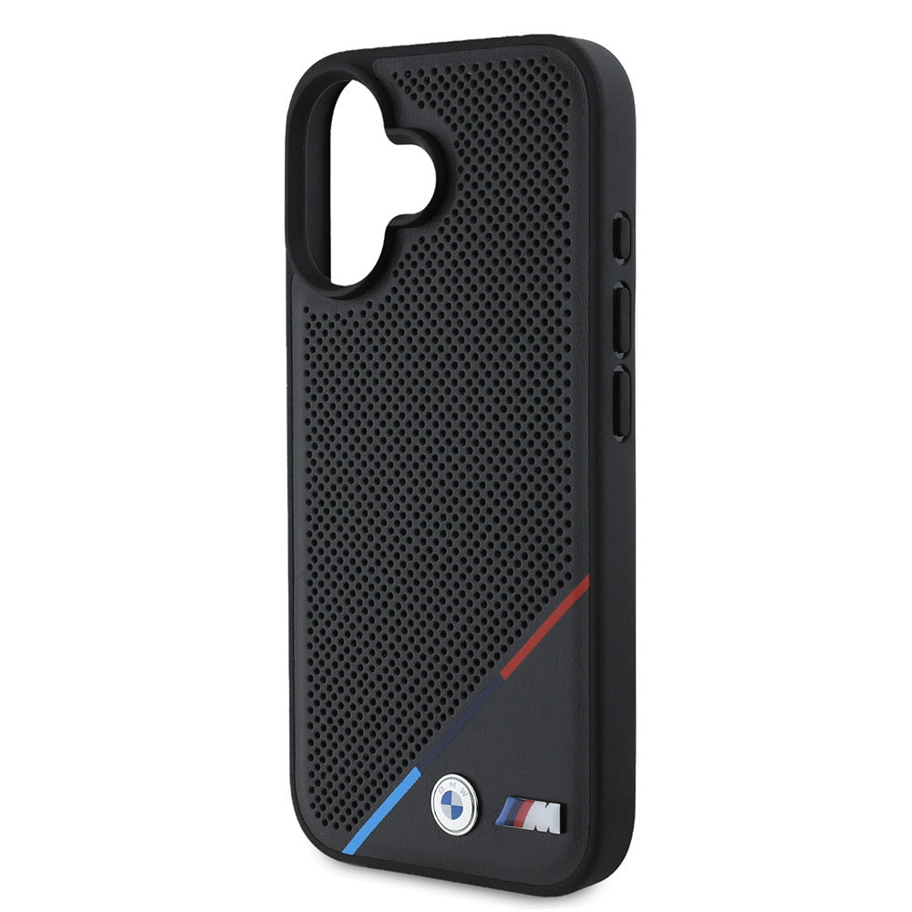 iPhone 16 Plus Kılıf BMW Orijinal Lisanslı M-safe Şarj Özellikli M Logolu Üç Çizgili Delikli Deri Kılıf