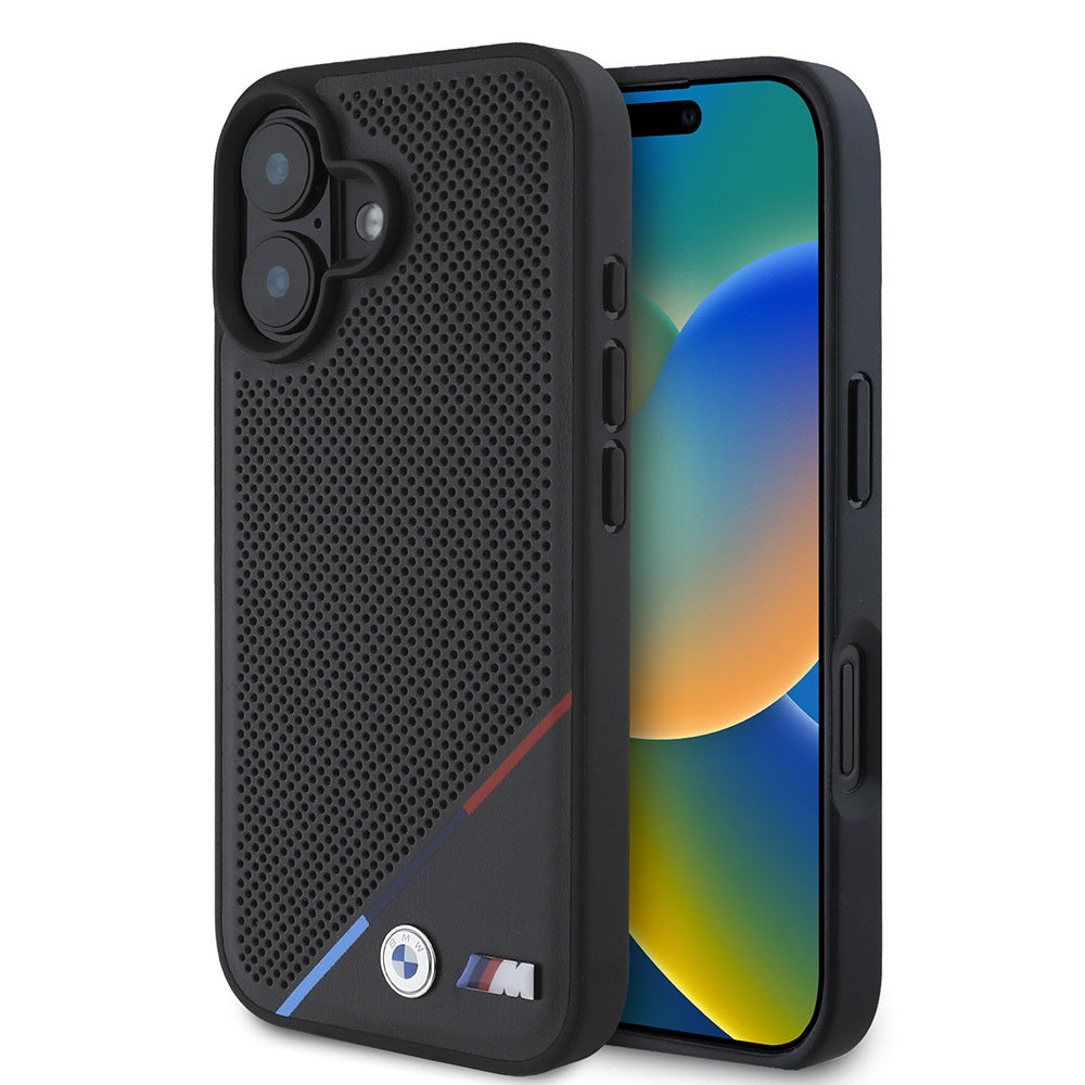iPhone 16 Plus Kılıf BMW Orijinal Lisanslı M-safe Şarj Özellikli M Logolu Üç Çizgili Delikli Deri Kılıf
