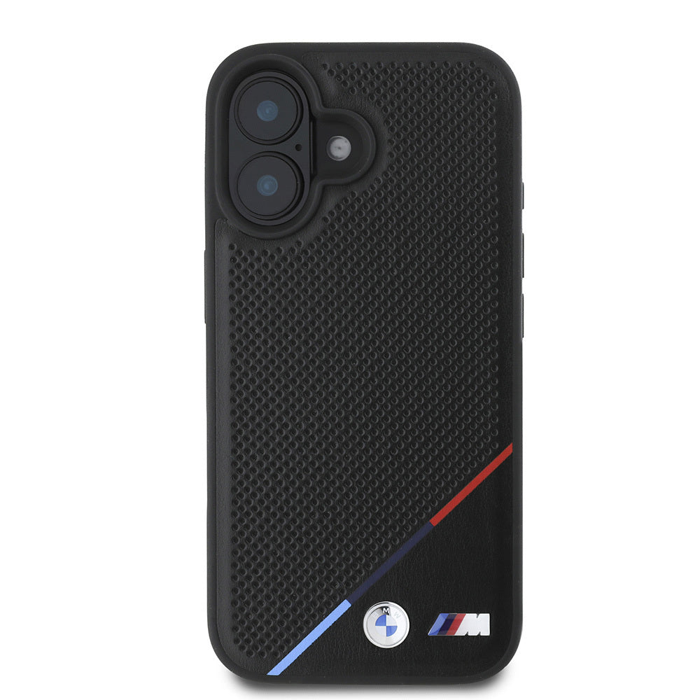 iPhone 16 Plus Kılıf BMW Orijinal Lisanslı M-safe Şarj Özellikli M Logolu Üç Çizgili Delikli Deri Kılıf