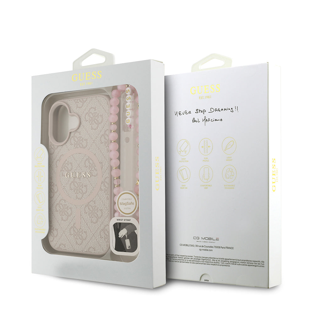 iPhone 16 Plus Kılıf Guess Orijinal Lisanslı M-safe Şarj Özellikli PU Deri Bilek Askı İpli Yazı Logolu Kılıf