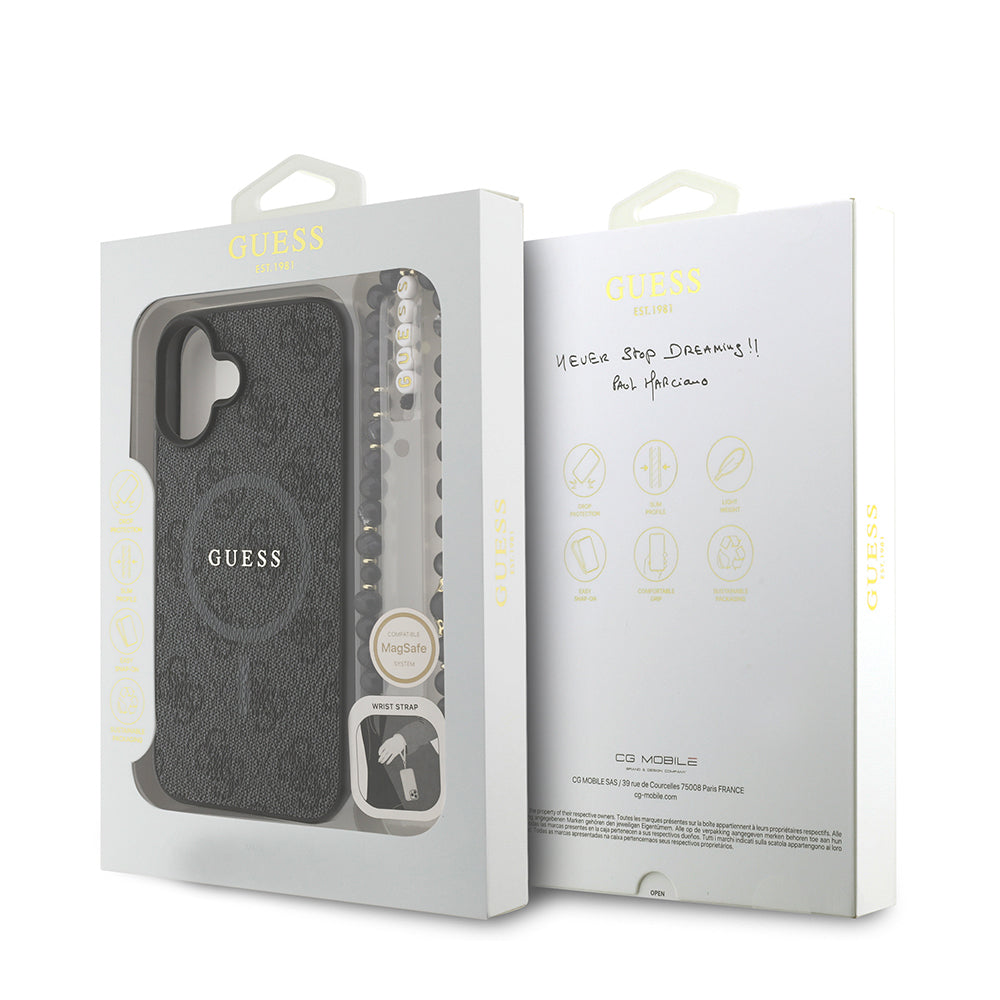 iPhone 16 Plus Kılıf Guess Orijinal Lisanslı M-safe Şarj Özellikli PU Deri Bilek Askı İpli Yazı Logolu Kılıf