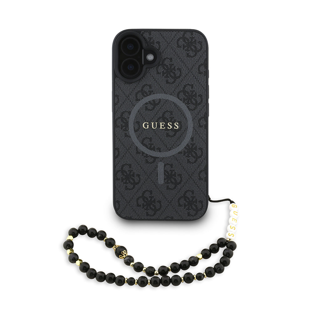 iPhone 16 Plus Kılıf Guess Orijinal Lisanslı M-safe Şarj Özellikli PU Deri Bilek Askı İpli Yazı Logolu Kılıf