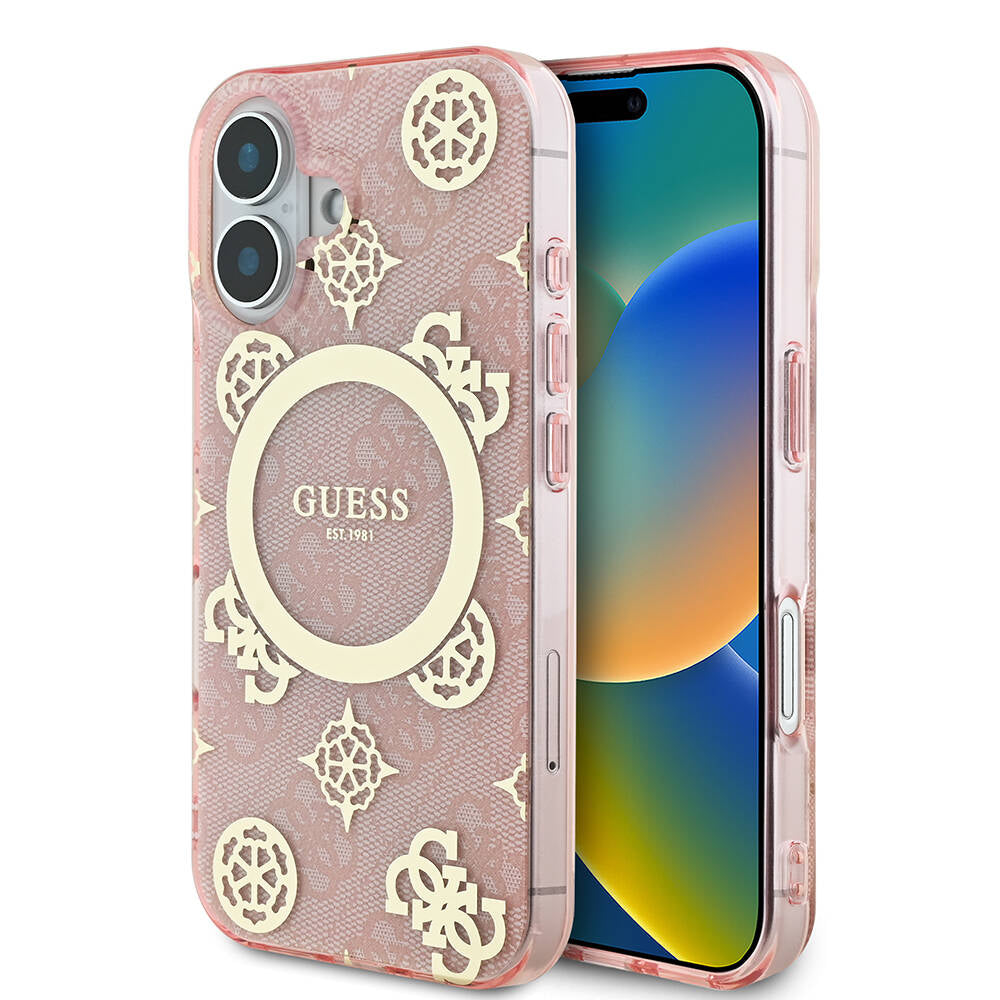 iPhone 16 Plus Kılıf Guess Orijinal Lisanslı M-safe Şarj Özellikli 4G Desenli IML Yazı Logolu Peony Kılıf
