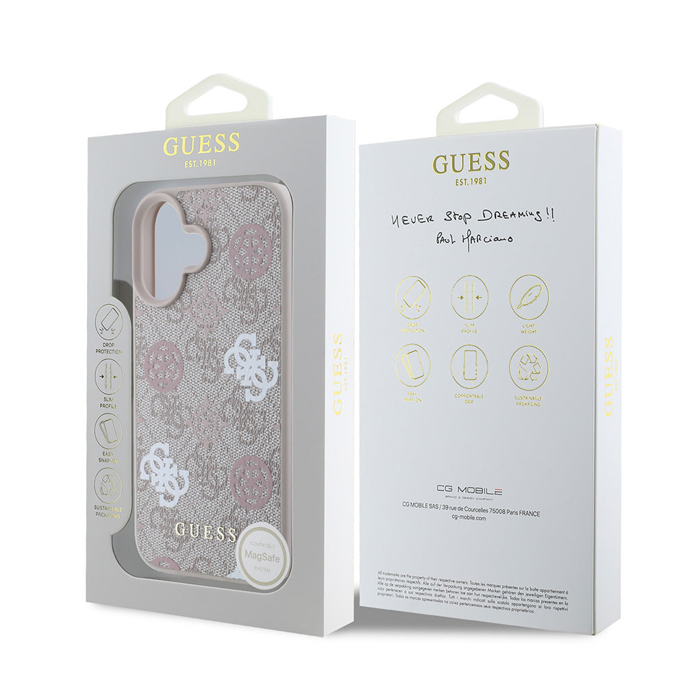 iPhone 16 Plus Kılıf Guess Orijinal Lisanslı M-safe Şarj Özellikli 4G Desenli Yazı Logolu Peony Kılıf