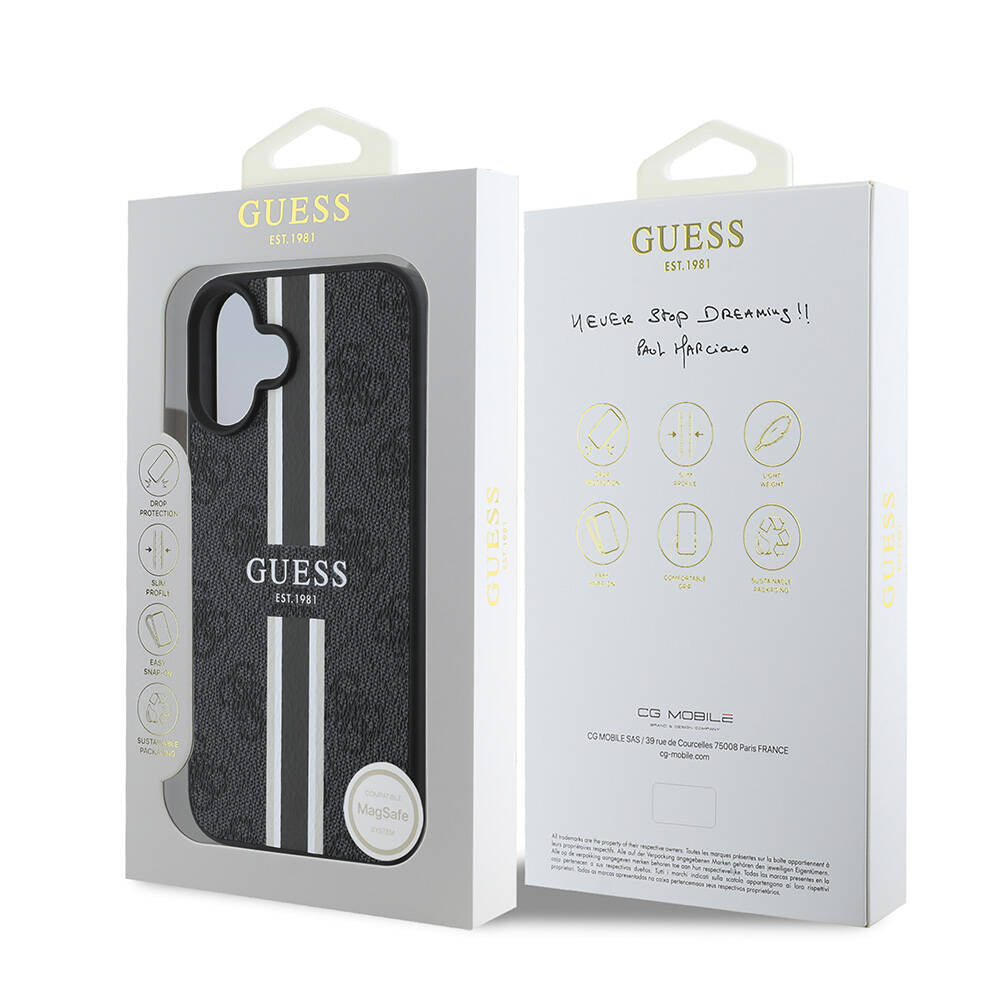 iPhone 16 Plus Kılıf Guess Orijinal Lisanslı M-safe Şarj Özellikli 4G Şerit Tasarımlı Printed Kılıf