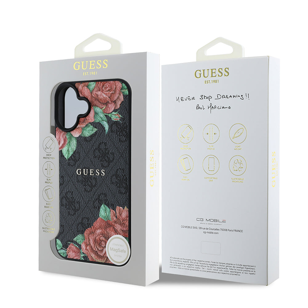 iPhone 16 Plus Kılıf Guess Orijinal Lisanslı M-safe Şarj Özellikli Gül Baskılı 4G Desenli Yazı Logolu Kılıf