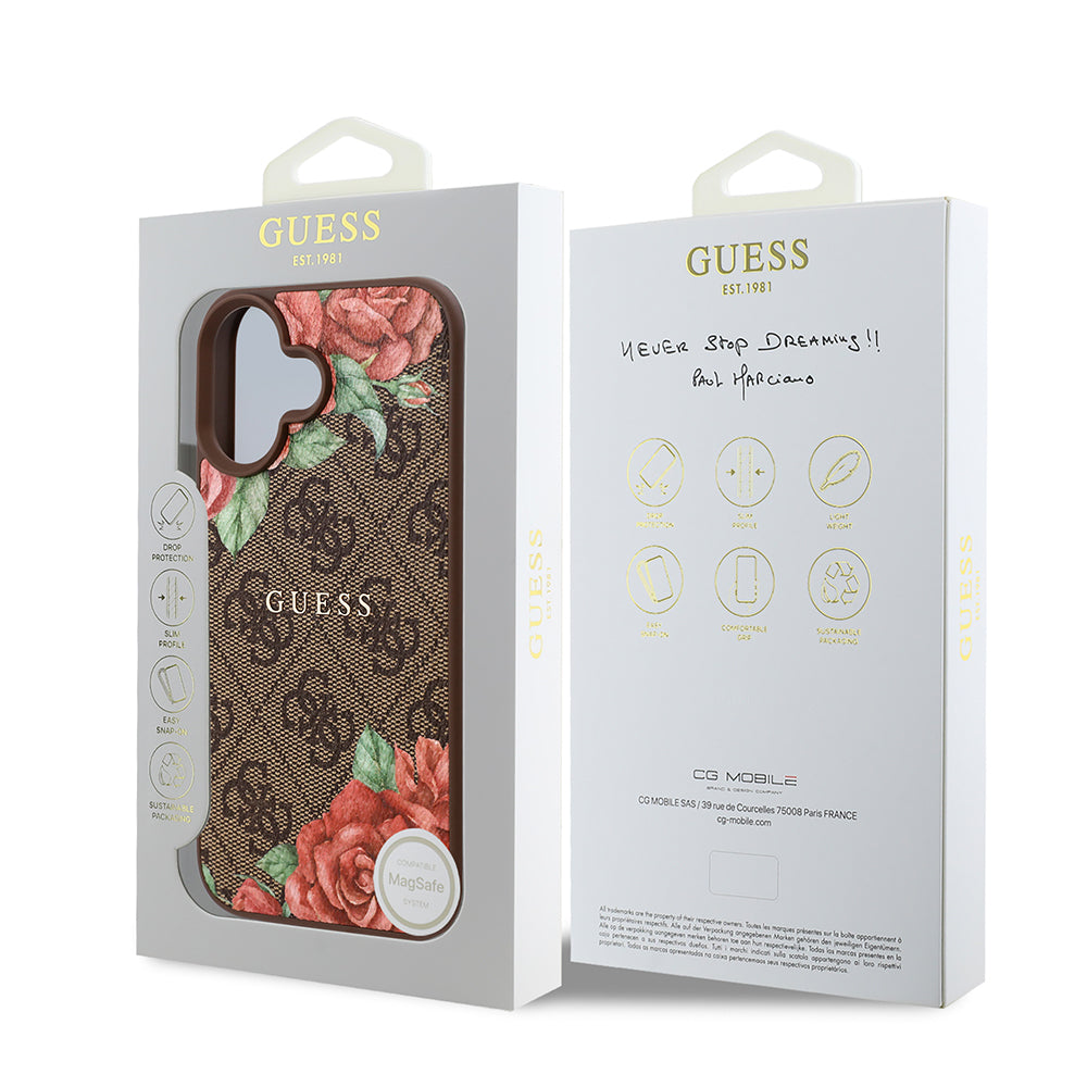 iPhone 16 Plus Kılıf Guess Orijinal Lisanslı M-safe Şarj Özellikli Gül Baskılı 4G Desenli Yazı Logolu Kılıf