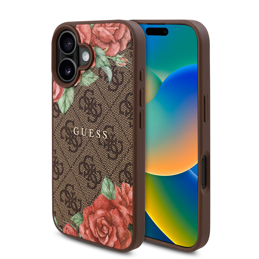 iPhone 16 Plus Kılıf Guess Orijinal Lisanslı M-safe Şarj Özellikli Gül Baskılı 4G Desenli Yazı Logolu Kılıf