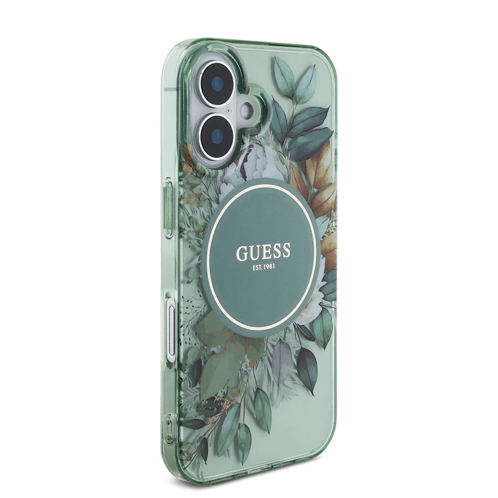 iPhone 16 Plus Kılıf Guess Orijinal Lisanslı M-safe Şarj Özellikli IML Baskılı Çiçek İnci Bileklikli Kılıf