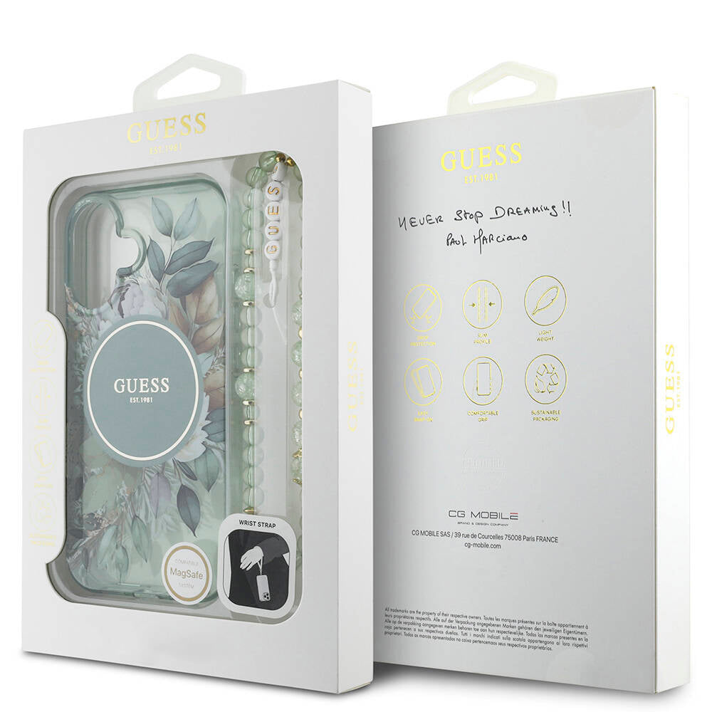iPhone 16 Plus Kılıf Guess Orijinal Lisanslı M-safe Şarj Özellikli IML Baskılı Çiçek İnci Bileklikli Kılıf