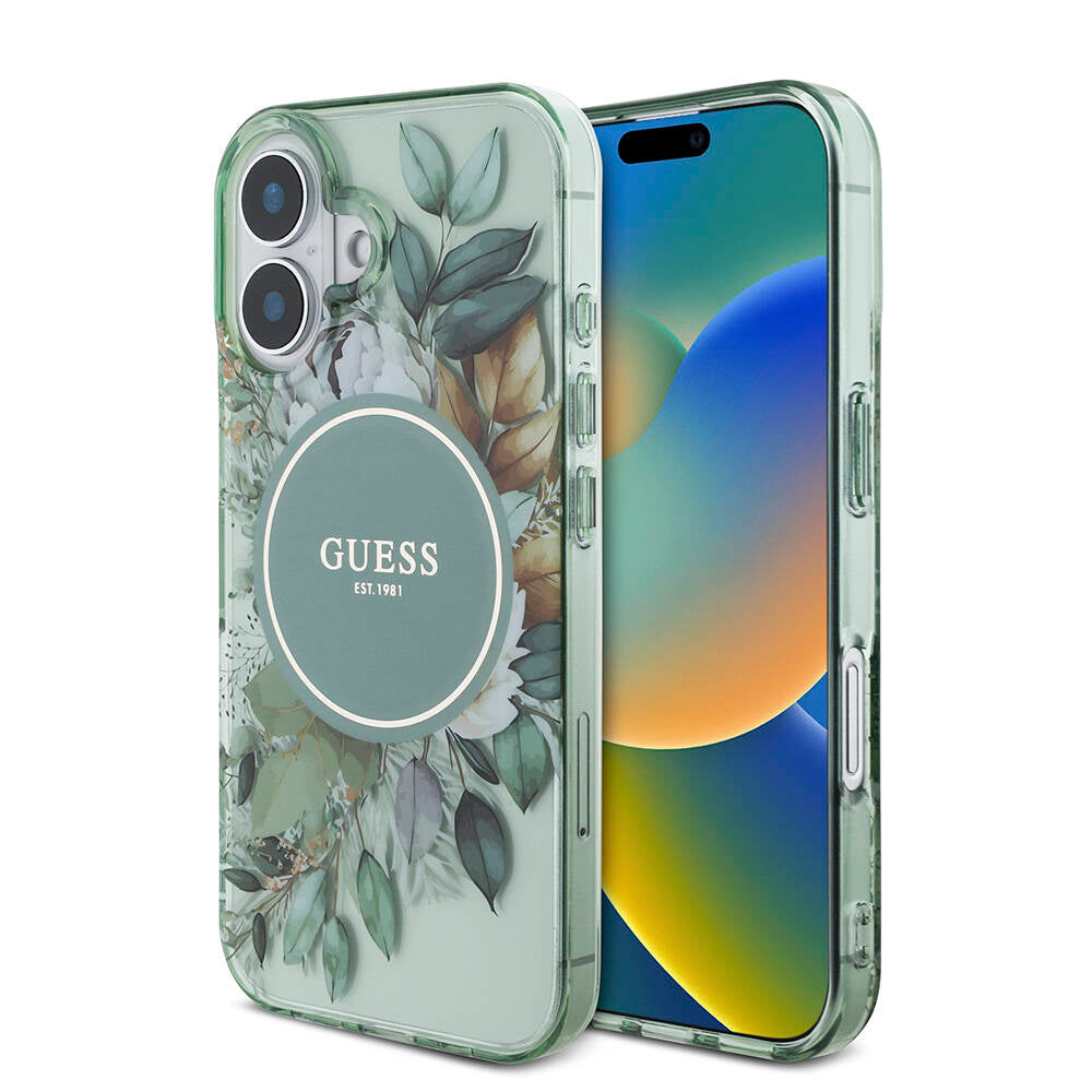 iPhone 16 Plus Kılıf Guess Orijinal Lisanslı M-safe Şarj Özellikli IML Baskılı Çiçek İnci Bileklikli Kılıf