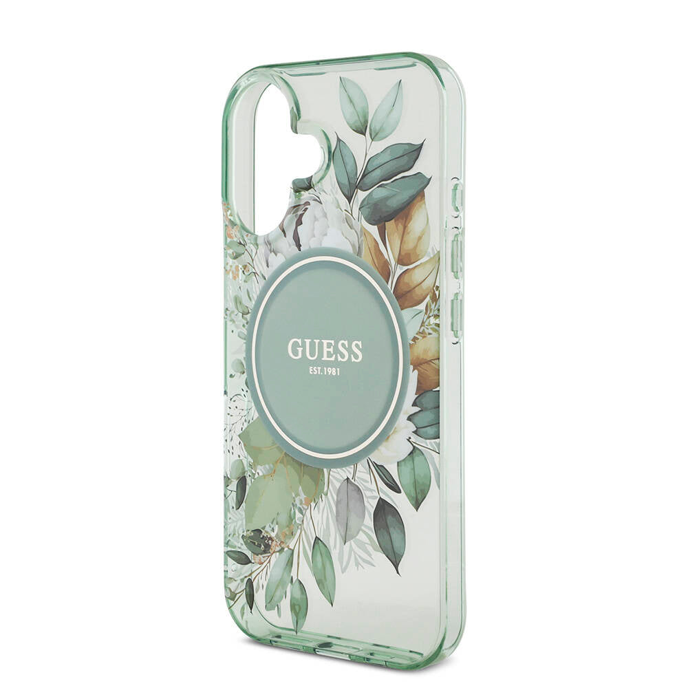 iPhone 16 Plus Kılıf Guess Orijinal Lisanslı M-safe Şarj Özellikli IML Baskılı Çiçek İnci Bileklikli Kılıf