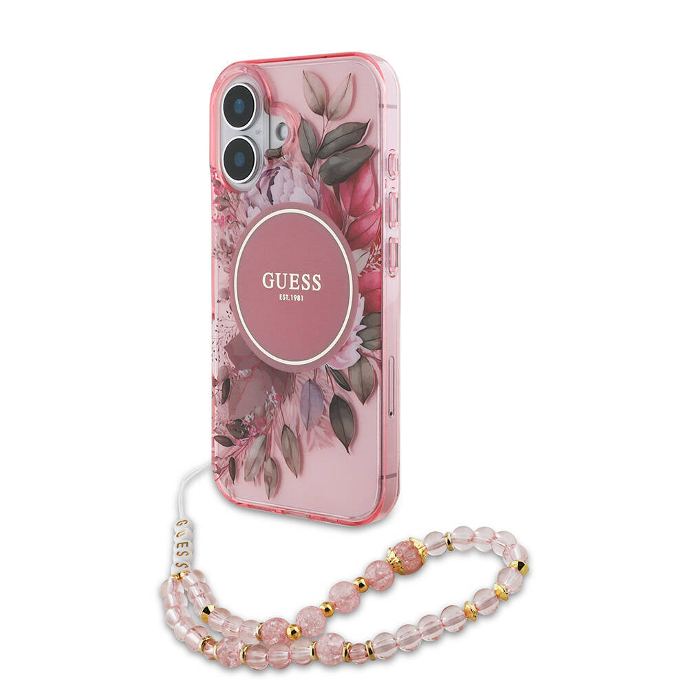 iPhone 16 Plus Kılıf Guess Orijinal Lisanslı M-safe Şarj Özellikli IML Baskılı Çiçek İnci Bileklikli Kılıf