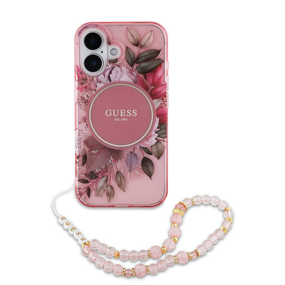 iPhone 16 Plus Kılıf Guess Orijinal Lisanslı M-safe Şarj Özellikli IML Baskılı Çiçek İnci Bileklikli Kılıf