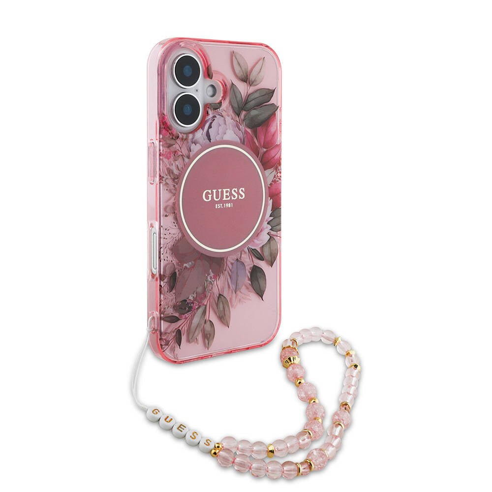 iPhone 16 Plus Kılıf Guess Orijinal Lisanslı M-safe Şarj Özellikli IML Baskılı Çiçek İnci Bileklikli Kılıf