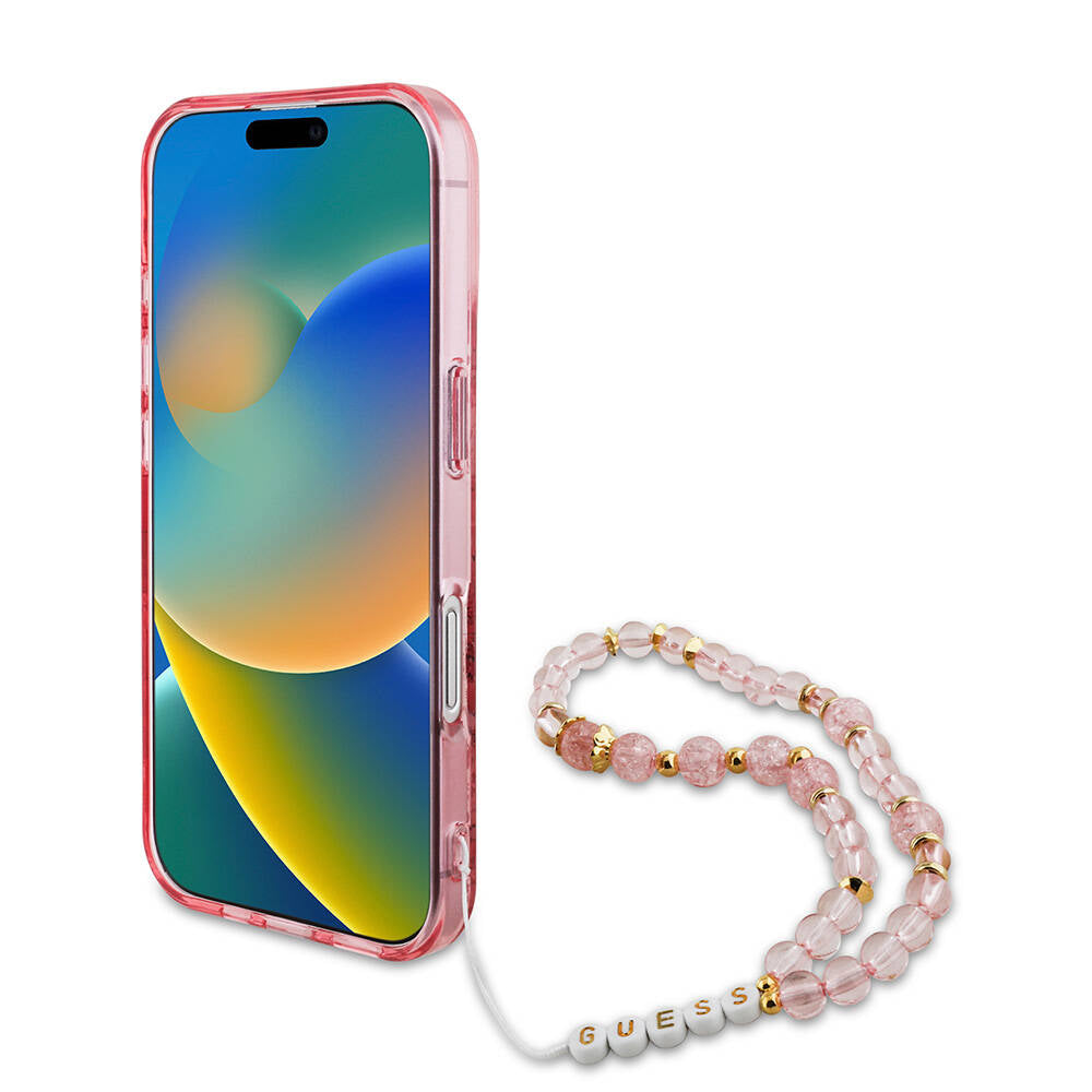 iPhone 16 Plus Kılıf Guess Orijinal Lisanslı M-safe Şarj Özellikli IML Baskılı Çiçek İnci Bileklikli Kılıf