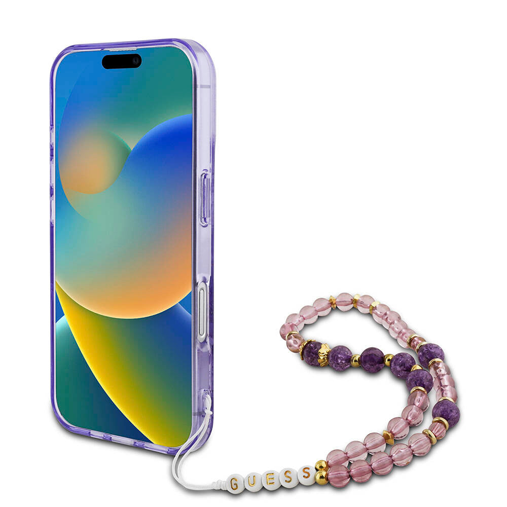 iPhone 16 Plus Kılıf Guess Orijinal Lisanslı M-safe Şarj Özellikli IML Baskılı Çiçek İnci Bileklikli Kılıf