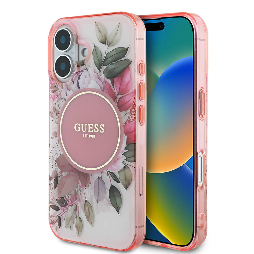 iPhone 16 Plus Kılıf Guess Orijinal Lisanslı M-safe Şarj Özellikli IML Baskılı Yazı Logolu Flower Tonal Circle Kılıf