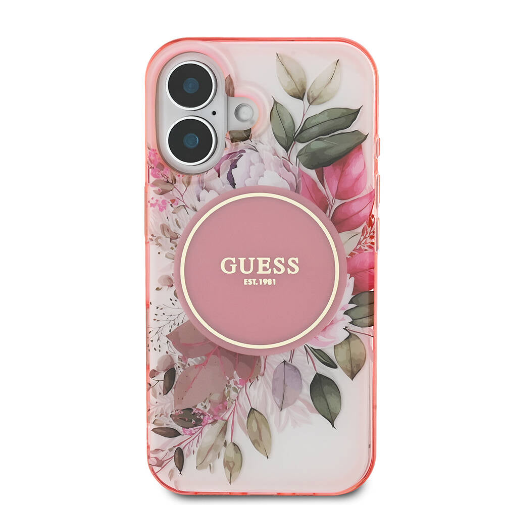 iPhone 16 Plus Kılıf Guess Orijinal Lisanslı M-safe Şarj Özellikli IML Baskılı Yazı Logolu Flower Tonal Circle Kılıf