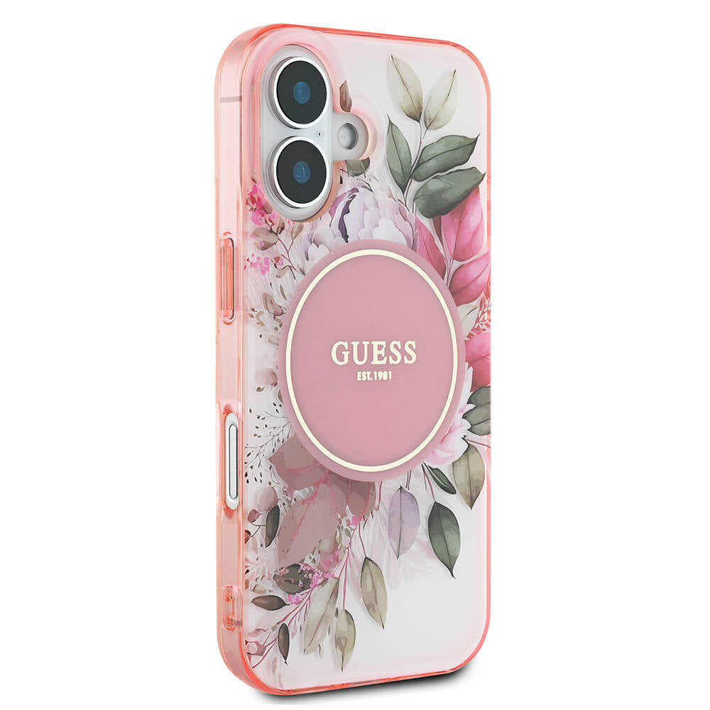 iPhone 16 Plus Kılıf Guess Orijinal Lisanslı M-safe Şarj Özellikli IML Baskılı Yazı Logolu Flower Tonal Circle Kılıf
