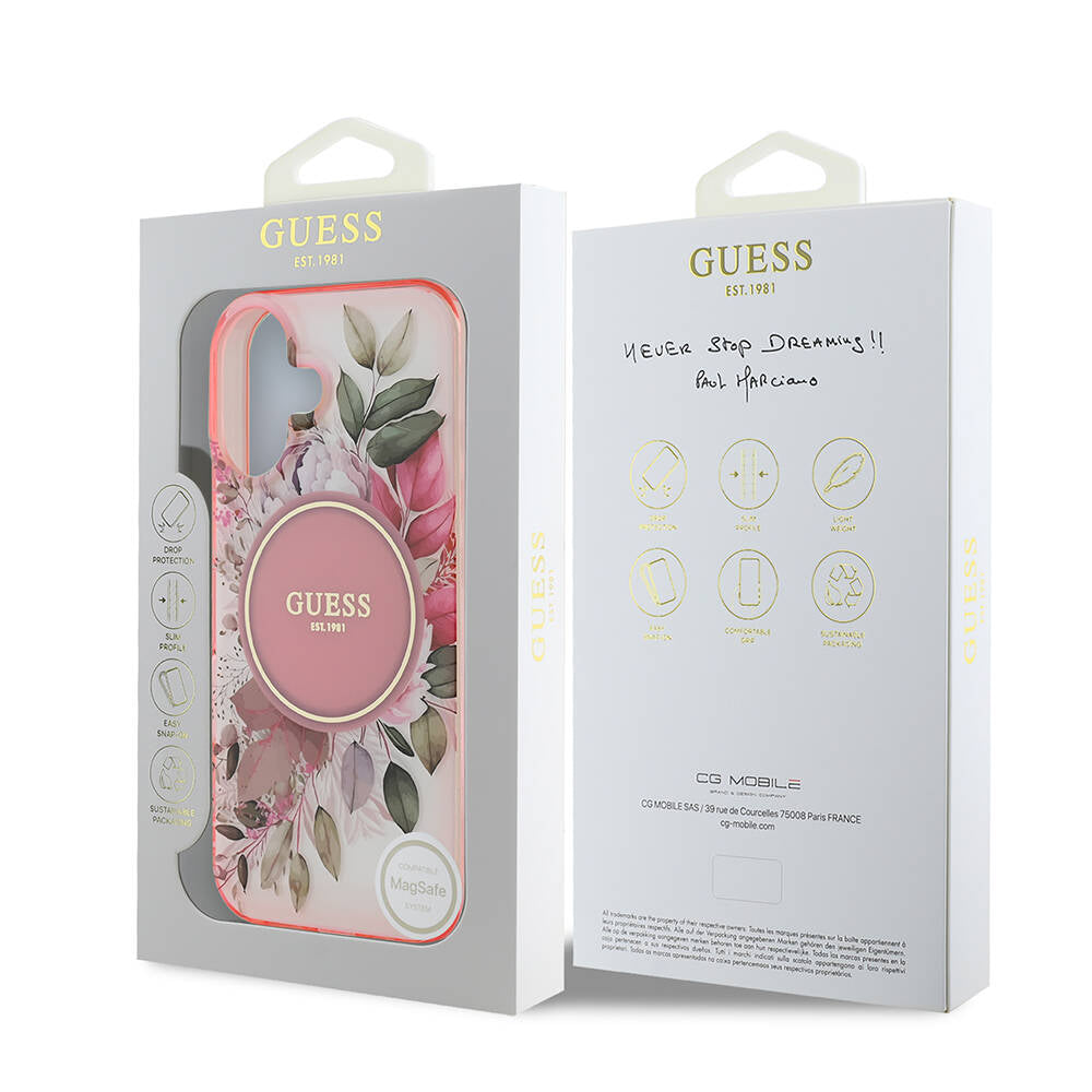 iPhone 16 Plus Kılıf Guess Orijinal Lisanslı M-safe Şarj Özellikli IML Baskılı Yazı Logolu Flower Tonal Circle Kılıf