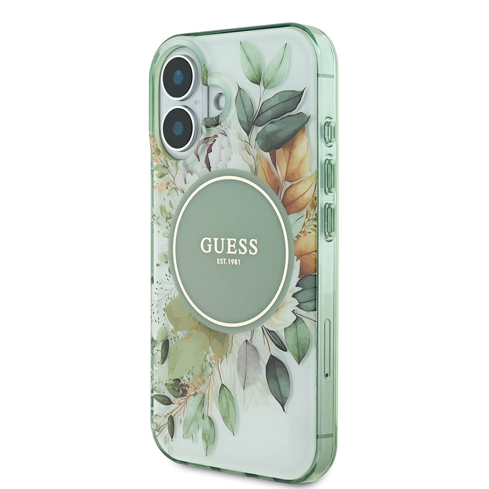 iPhone 16 Plus Kılıf Guess Orijinal Lisanslı M-safe Şarj Özellikli IML Baskılı Yazı Logolu Flower Tonal Circle Kılıf