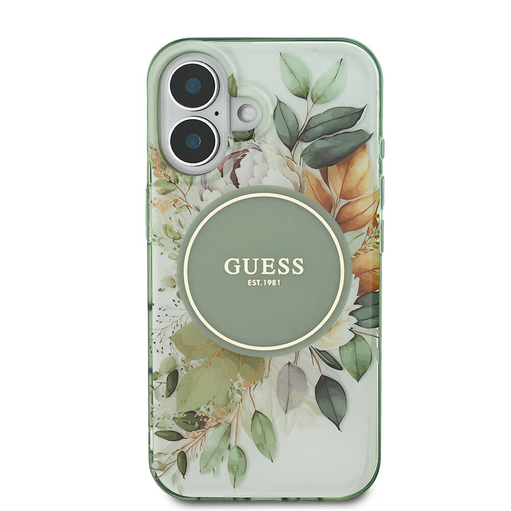 iPhone 16 Plus Kılıf Guess Orijinal Lisanslı M-safe Şarj Özellikli IML Baskılı Yazı Logolu Flower Tonal Circle Kılıf