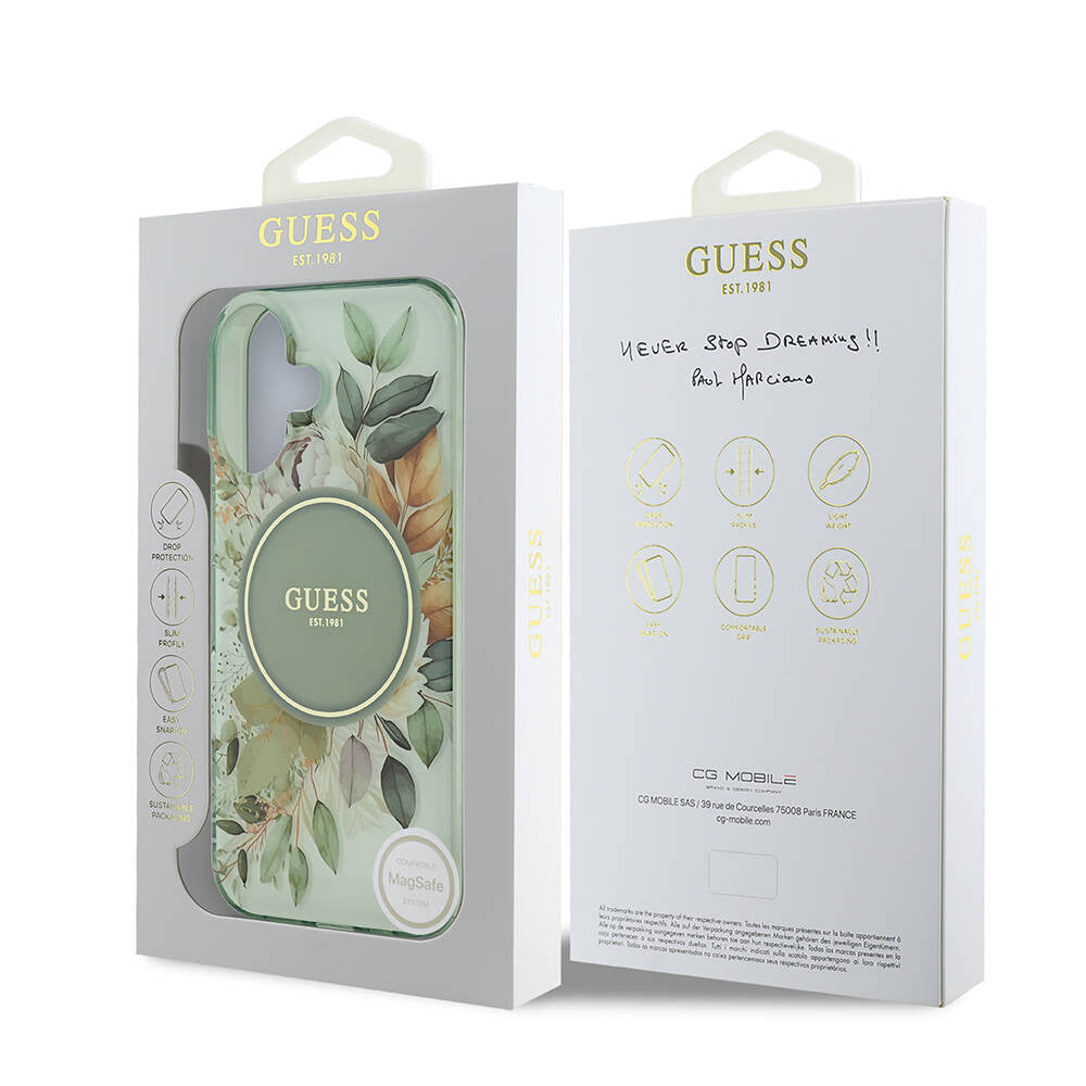 iPhone 16 Plus Kılıf Guess Orijinal Lisanslı M-safe Şarj Özellikli IML Baskılı Yazı Logolu Flower Tonal Circle Kılıf