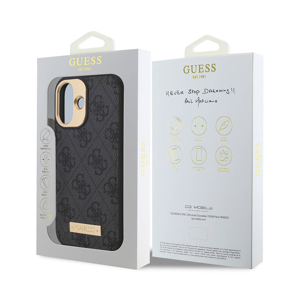 iPhone 16 Plus Kılıf Guess Orijinal Lisanslı M-safe Şarj Özellikli PU 4G Desenli Metal Plaka Klasik Logolu Kılıf