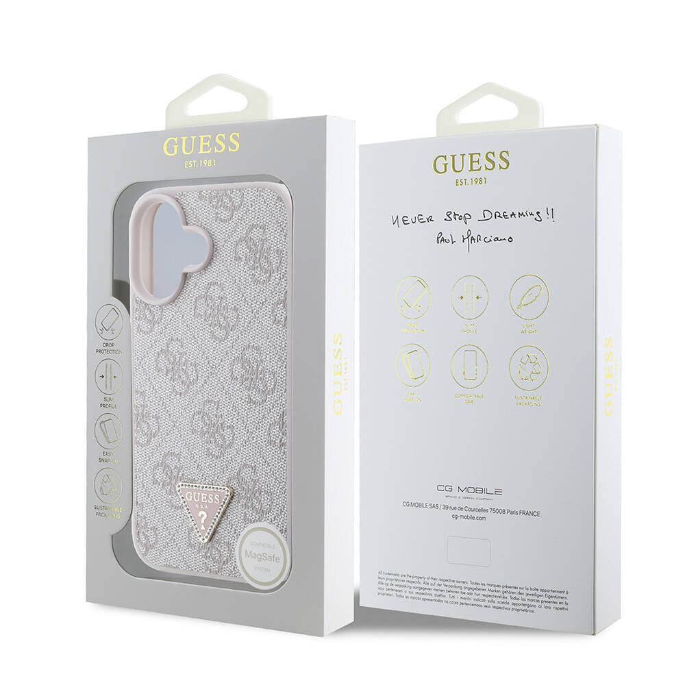 iPhone 16 Plus Kılıf Guess Orijinal Lisanslı M-safe Şarj Özellikli PU Deri 4G Desenli Taşlı Üçgen Logolu Kılıf