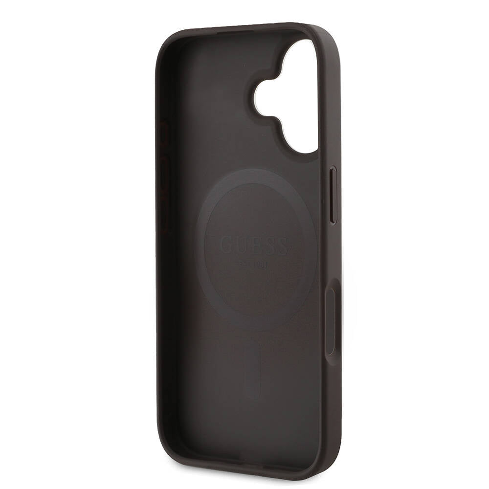 iPhone 16 Plus Kılıf Guess Orijinal Lisanslı M-safe Şarj Özellikli PU Deri 4G Desenli Taşlı Üçgen Logolu Kılıf