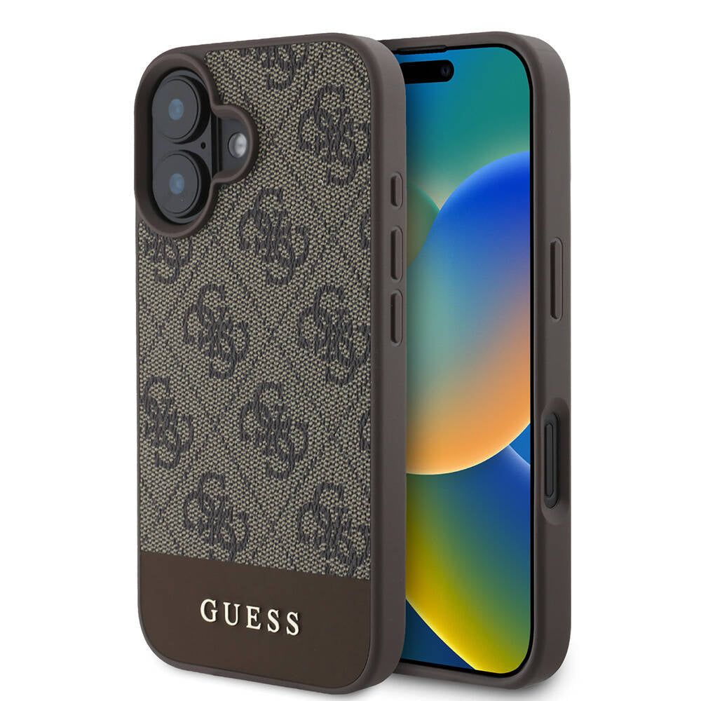 iPhone 16 Plus Kılıf Guess Orijinal Lisanslı M-safe Şarj Özellikli PU Deri Şerit Logo Dizaynlı Kılıf