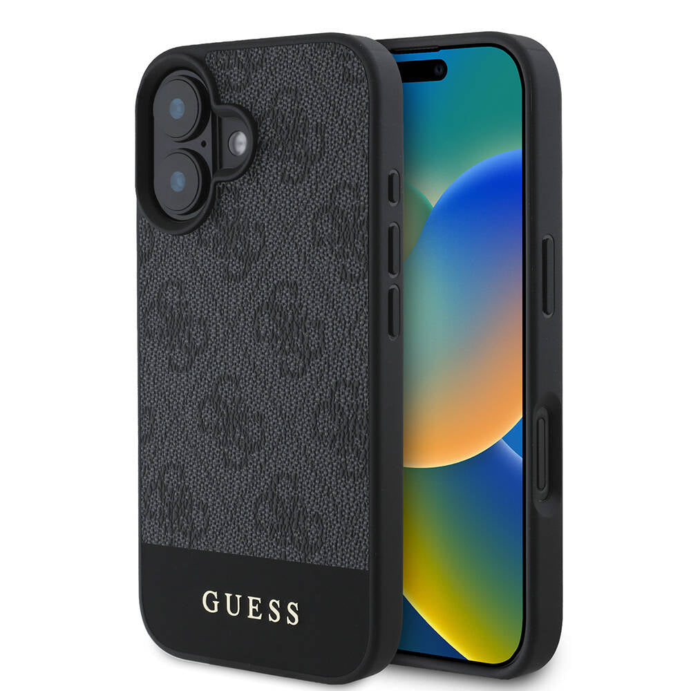 iPhone 16 Plus Kılıf Guess Orijinal Lisanslı M-safe Şarj Özellikli PU Deri Şerit Logo Dizaynlı Kılıf