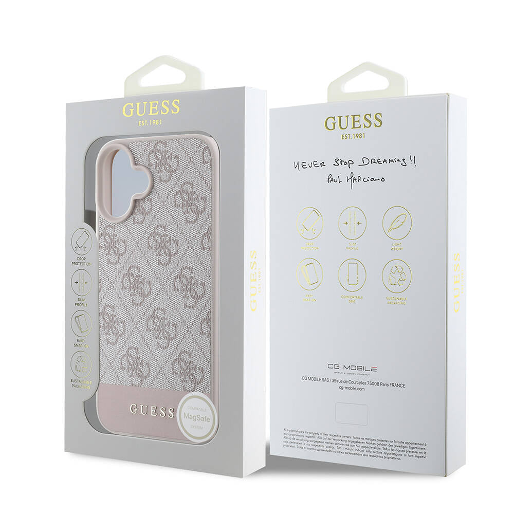 iPhone 16 Plus Kılıf Guess Orijinal Lisanslı M-safe Şarj Özellikli PU Deri Şerit Logo Dizaynlı Kılıf