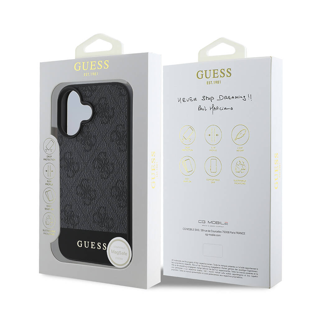 iPhone 16 Plus Kılıf Guess Orijinal Lisanslı M-safe Şarj Özellikli PU Deri Şerit Logo Dizaynlı Kılıf