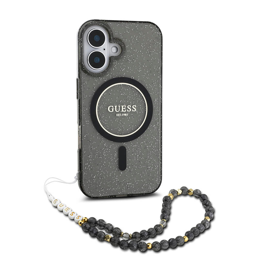 iPhone 16 Plus Kılıf Guess Orijinal Lisanslı M-safe Şarj Özellikli Simli Silikon İnci Bileklikli Kılıf