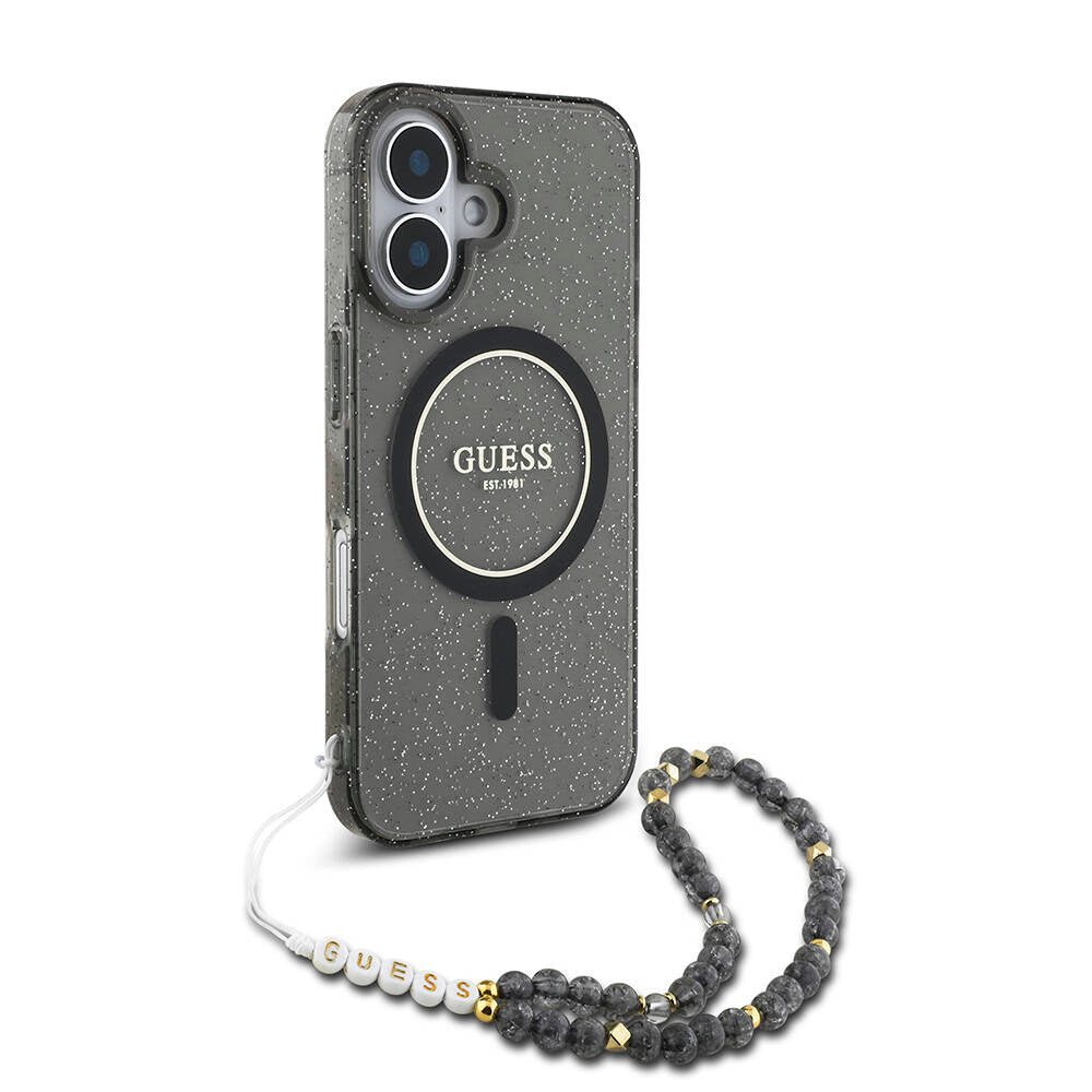 iPhone 16 Plus Kılıf Guess Orijinal Lisanslı M-safe Şarj Özellikli Simli Silikon İnci Bileklikli Kılıf