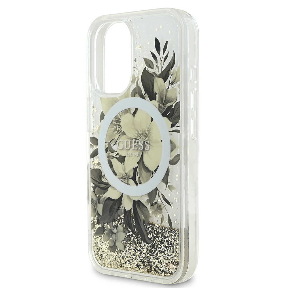 iPhone 16 Plus Kılıf Guess Orijinal Lisanslı M-safe Şarj Özellikli Sıvılı Simli Çiçek Desenli Kılıf