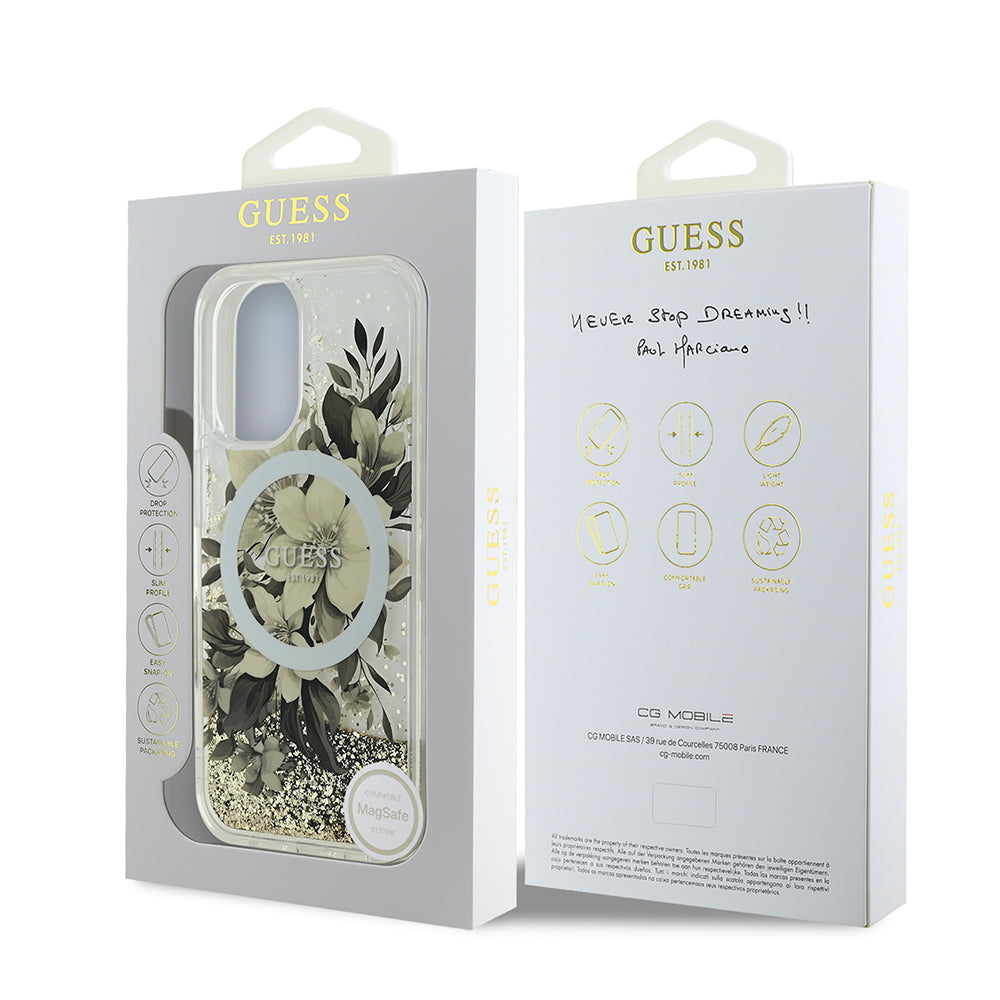 iPhone 16 Plus Kılıf Guess Orijinal Lisanslı M-safe Şarj Özellikli Sıvılı Simli Çiçek Desenli Kılıf