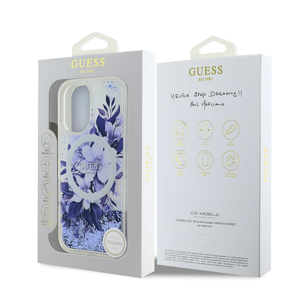 iPhone 16 Plus Kılıf Guess Orijinal Lisanslı M-safe Şarj Özellikli Sıvılı Simli Çiçek Desenli Kılıf