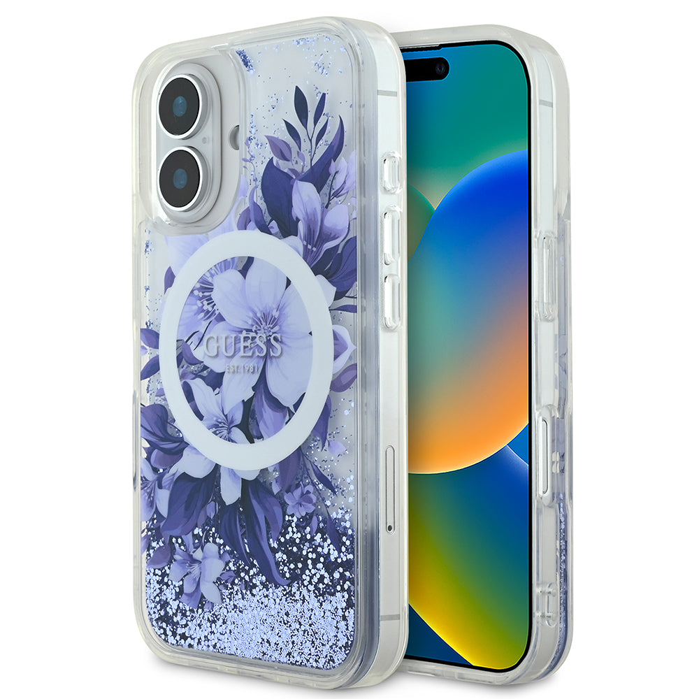 iPhone 16 Plus Kılıf Guess Orijinal Lisanslı M-safe Şarj Özellikli Sıvılı Simli Çiçek Desenli Kılıf